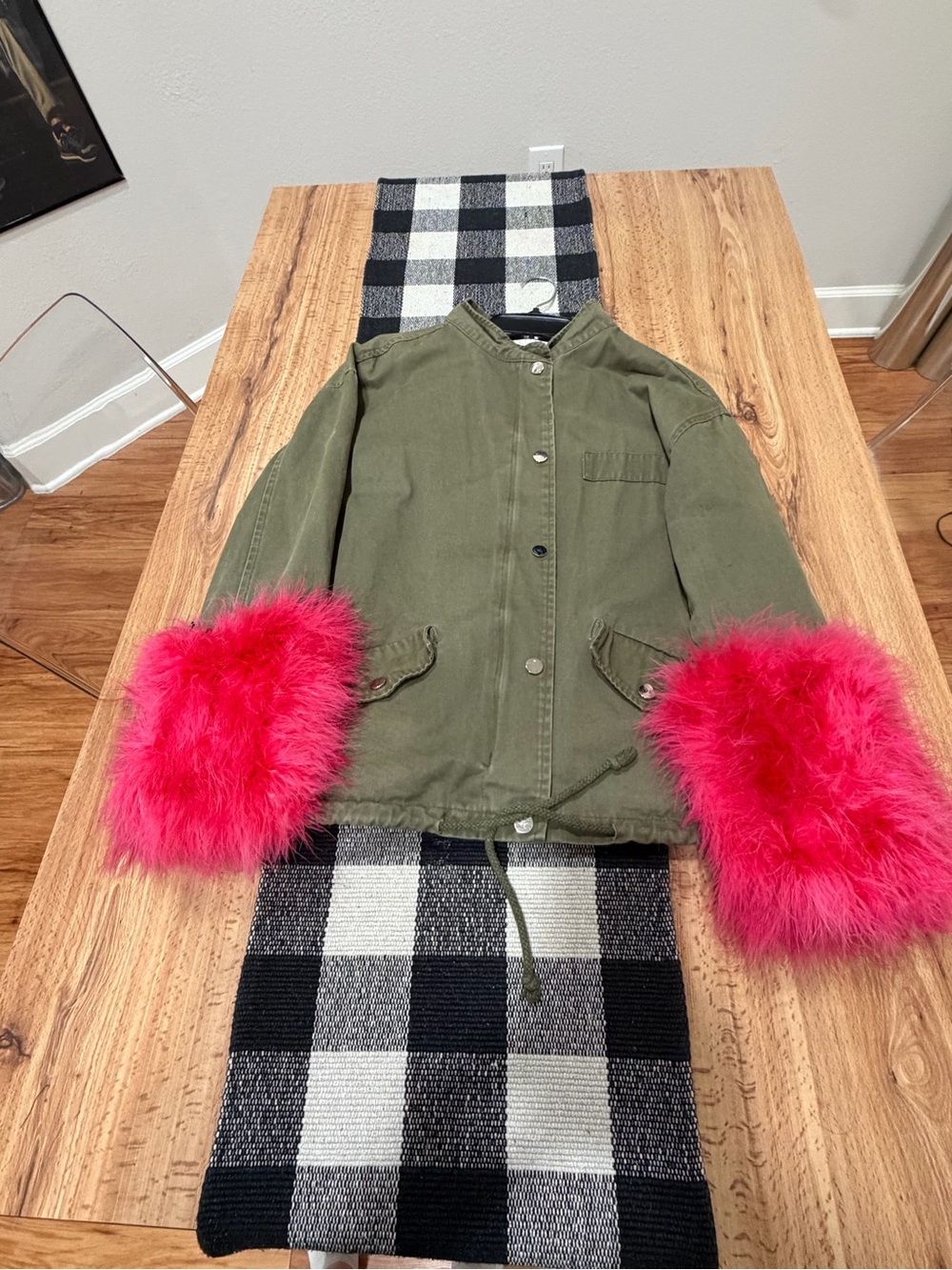 Olive Green Utility Jacket with Hot Pink Faux Fur Cuffs